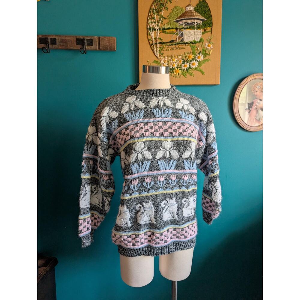 Women's Vintage 80s pastel cat sweater ugly sweater size